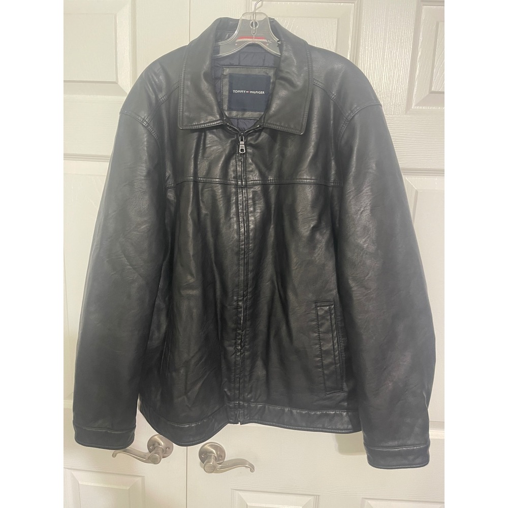 Tommy Hilfiger Mens Black Faux Leather Full Zip Quilted Lined Jacket XXL